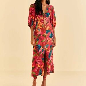 Farm Rio Red Rooster Leaves Short Sleeve Maxi Dress XS